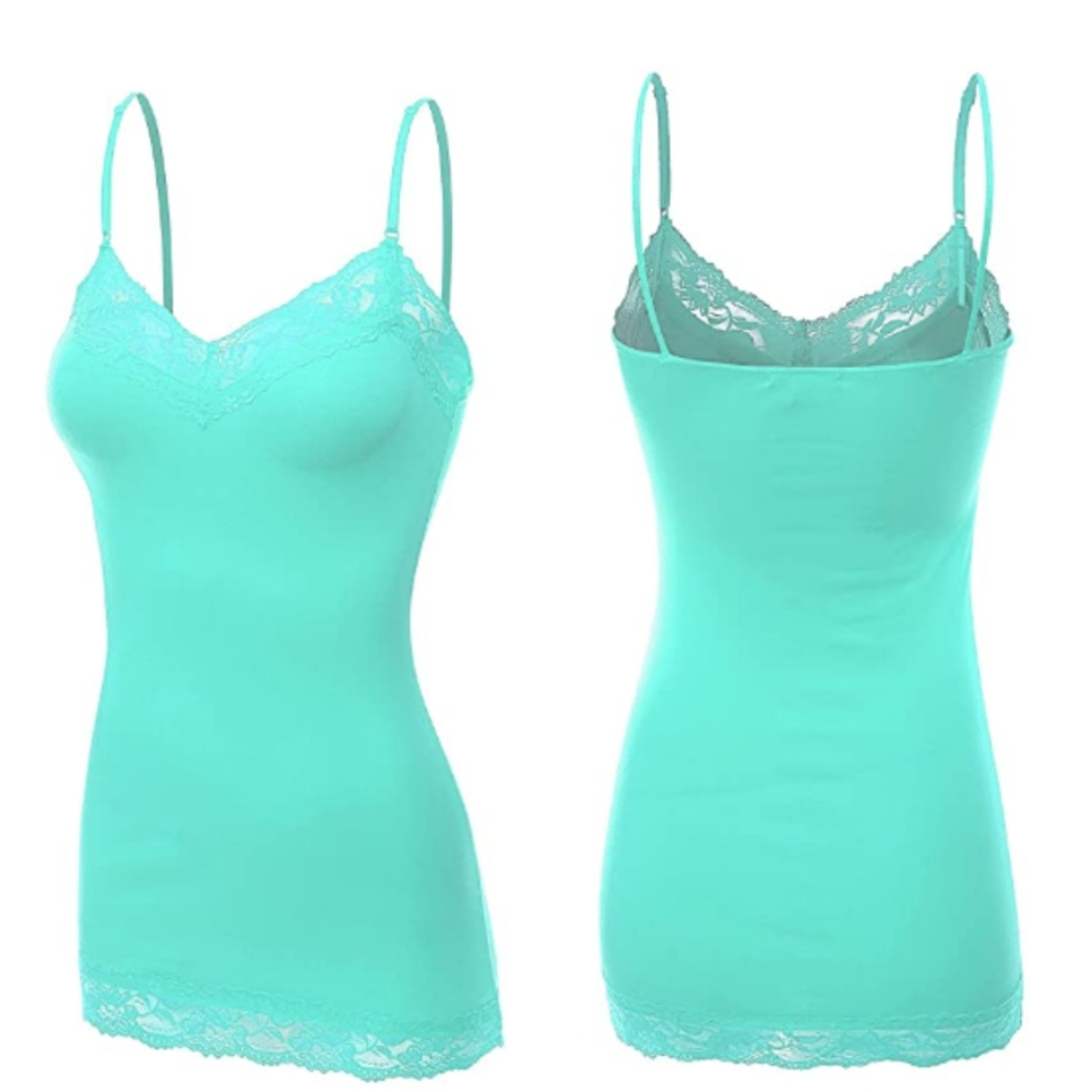 Mint green cami lace spaghetti long tank top shirt